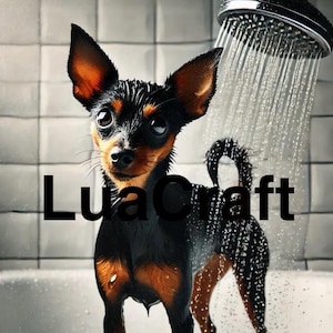 Black and Tan Miniature Pinscher in Shower