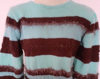 Pull femme fait main VERT PALE/MARRON