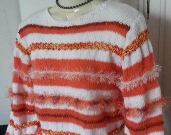 Pull de luxe  femme style " Anny Blat " BLANC/ ORANGE