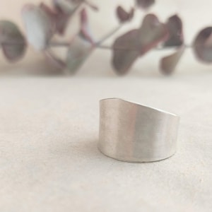 Puede incluir: Un anillo de plata con una banda curva, lisa y ligeramente inclinada.