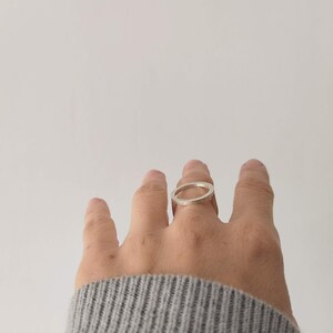 May include: A silver ring with a simple, circular design. The ring is worn on the middle finger of a hand.