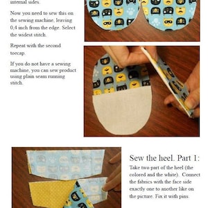 Peut inclure: Tutoriel de couture montrant comment coudre la pointe et le talon d'une chaussure. La pointe est en tissu bleu &agrave; motif de chat et le talon est en tissu jaune &agrave; pois blancs. Les instructions comprennent la couture de la pointe au talon et l'utilisation d'une machine &agrave; coudre ou de points &agrave; la main.