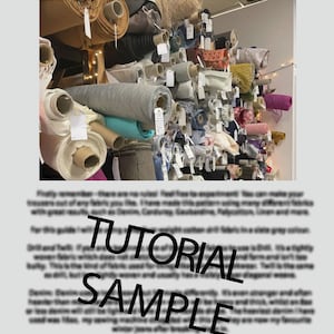 May include: A wall display of fabric rolls in various colors and textures. The image includes rolls of gray, white, teal, and patterned fabrics. The text "What fabric should I use?" and "TUTORIAL SAMPLE" are visible.