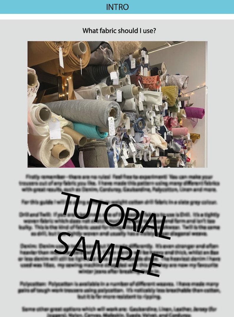 May include: A wall display of fabric rolls in various colors and textures. The image includes rolls of gray, white, teal, and patterned fabrics. The text "What fabric should I use?" and "TUTORIAL SAMPLE" are visible.