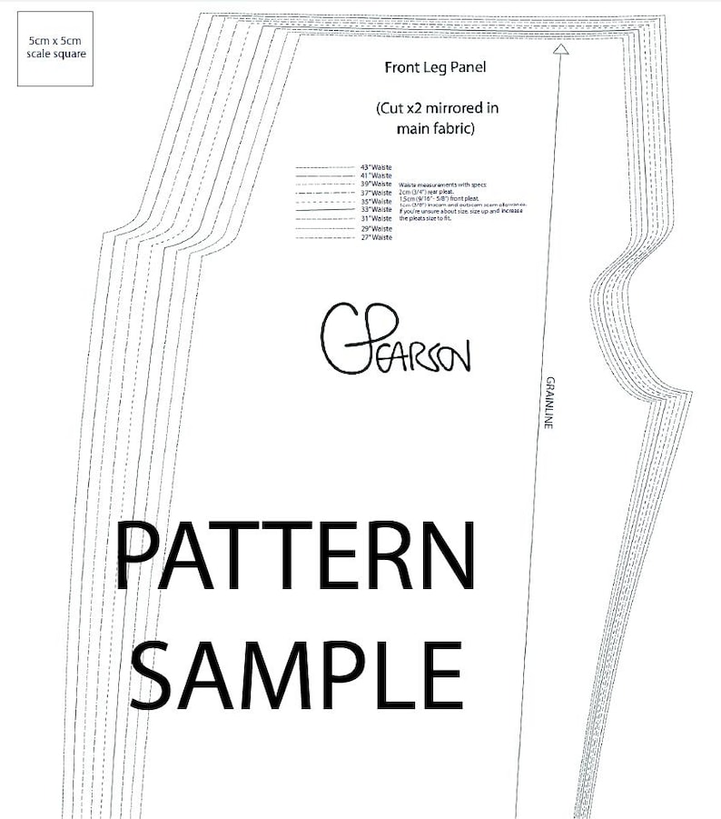 May include: A black and white pattern sample for a front leg panel, featuring various waist measurements. The text "PATTERN SAMPLE" is prominently displayed. A scale square is in the upper left corner.