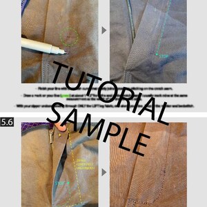 May include: A step-by-step sewing tutorial showing how to join the legs and create a zipper on a pair of pants. The image shows close-ups of the fabric with a zipper, a pen, and the text "TUTORIAL SAMPLE".