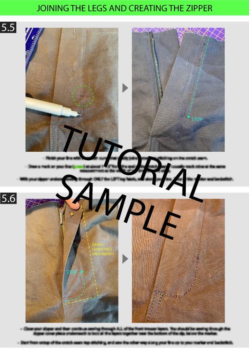 May include: A step-by-step sewing tutorial showing how to join the legs and create a zipper on a pair of pants. The image shows close-ups of the fabric with a zipper, a pen, and the text "TUTORIAL SAMPLE".
