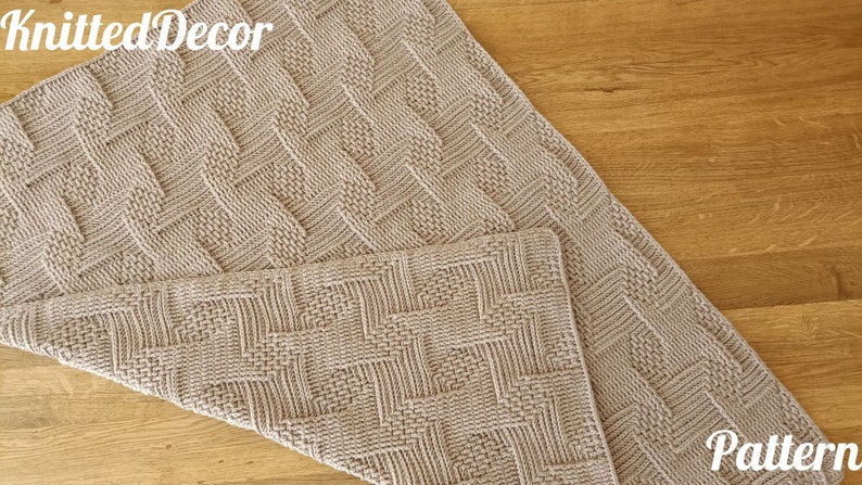May include: Two beige knitted rectangular items with a textured geometric pattern. The items are displayed on a wooden surface. The text "Knitted Decor" is visible in the upper left corner, and the word "Pattern" is in the lower right corner.