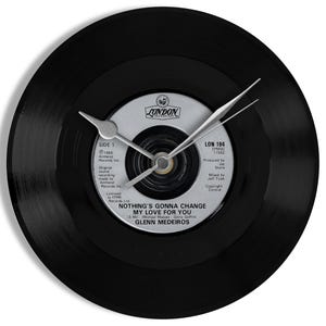 May include: A black vinyl record clock with silver clock hands. The center label reads "NOTHING'S GONNA CHANGE MY LOVE FOR YOU" by Glenn Medeiros. The clock is a unique decorative item.