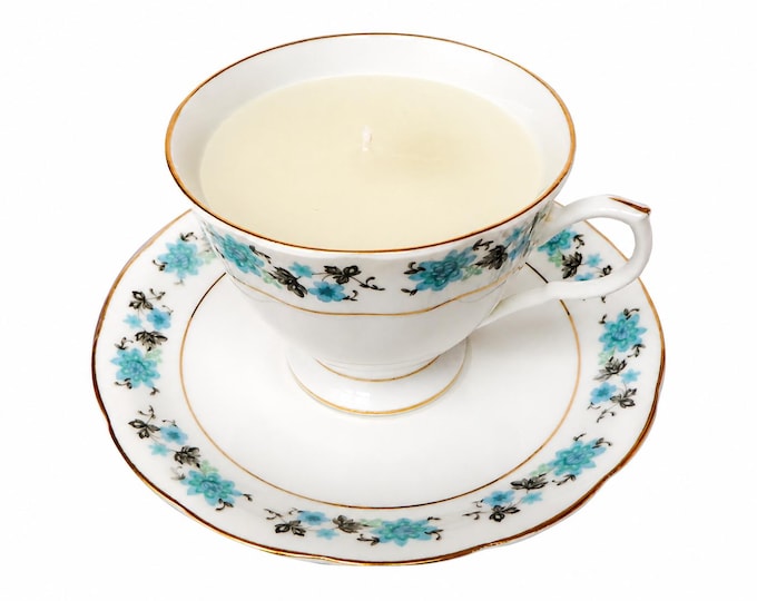 Featured listing image: Vintage Teacup & Saucer Candle Fine Bone China Blue