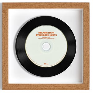 May include: A framed black vinyl record with a white label that reads "Helping Haiti: Everybody Hurts" in orange text. The record is in a wooden frame.