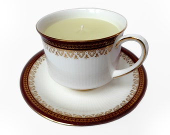 Vintage Teacup & Saucer Candle Fine Bone China Maroon Gold