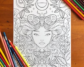 Moth Princess Coloring Page - Hand-Drawn Symmetrical Line Art - Luna Moth & Floral Design - Printable Digital Download for Adults