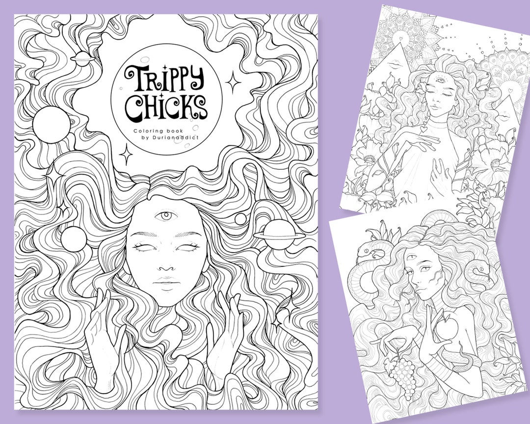17 Digital Coloring Pages for Adults Printable Sheets Trippy Chicks Coloring Book Stay at Home ...