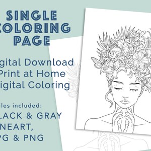 K&ouml;nnte beinhalten: Schwarz-wei&szlig;es Line-Art-Malbuch mit einer Frau mit Blumen im Haar. Die Frau hat die Augen geschlossen und die H&auml;nde ineinander gelegt. Die Blumen sind detailliert und kunstvoll.