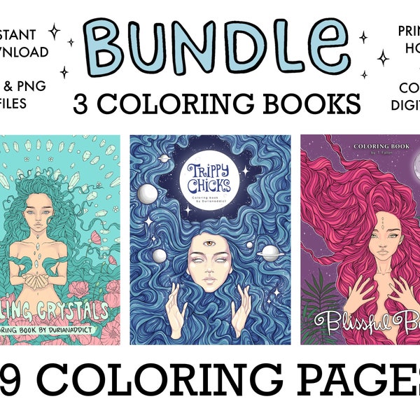49 Printable Adult Coloring Pages Bundle - Hand-Drawn Women And Nature Designs - Digital Download for Relaxation And Creativity