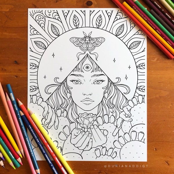 Boho Woman Coloring Page - Hand-Drawn Mandala Background - Printable Digital Download for Adults - Mindfulness Art Therapy