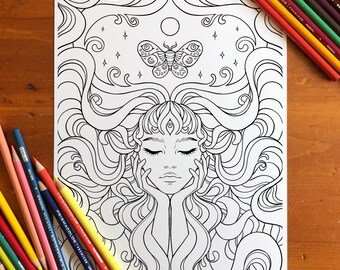 Motte & Vollmond Malseite - Handgezeichnete Digitaler Download - Druckbare Kunst für Erwachsene - Mystisches und entspannendes Design