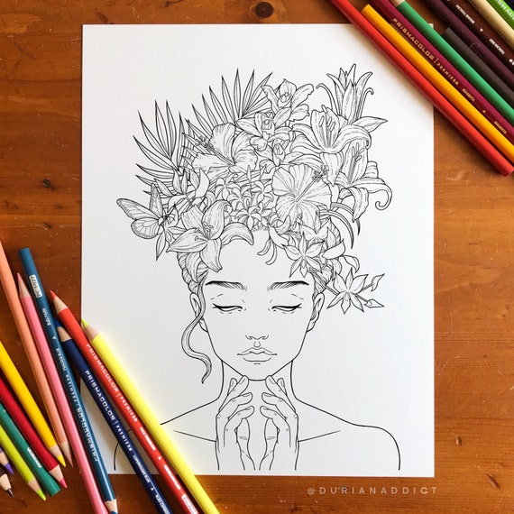 Tropical Flowers Coloring Page – Hand-Drawn Floral Bouquet – Printable Digital Download for Adults – Relaxing Art Therapy