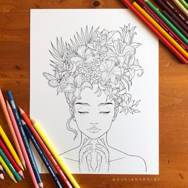 Tropical Flowers Coloring Page – Hand-Drawn Floral Bouquet – Printable Digital Download for Adults – Relaxing Art Therapy