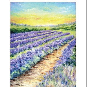 Campos de lavanda de Kent Pintura (tarjeta de felicitación en blanco / tarjeta de agradecimiento) Paisaje inglés, arte rural. Aniversario de los padres y tarjeta de condolencia