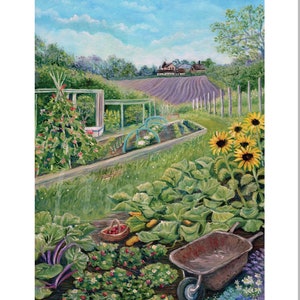 Flucht in die Kleingarten (Dankeskarte, Freundschaftskarte) Erdbeerbeet-Gartenkarte. Blumenbild & Sonnenblume Karte. Vegan Kunst