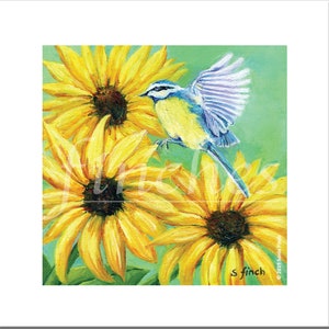 Spirit of Blue Tit (Tarjeta de agradecimiento) Pintura al óleo de pájaros. Pintura de girasol. Mensaje del Tótem del Espíritu de la Naturaleza. Tarjeta de cumpleaños femenina