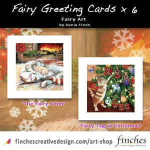 Juego de 6 tarjetas navideñas con saludos de hadas. Arte de fantasía. Arte del árbol de Navidad y baby shower de hadas. Tarjetas navideñas femeninas. Tarjetas con notas místicas