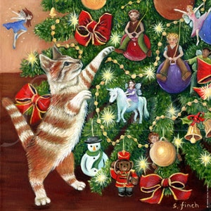 Étiquette de fée à Noël (carte de Noël fée/carte de remerciement) carte de peintures spirituelles de fée d'arbre de Noël d'art fantastique et de chat tigré