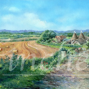 Oast House English Farm, Tonbridge, Kent Pintura (cartão de felicitações/cartão de agradecimento) Pintura de colheita de arte rural. Cartão de aniversário dos pais