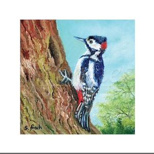 Carte de remerciement Spirit of Woodpecker et carte de rétablissement avec message totem esprit de la nature. Carte d'amitié peinture à l'huile d'oiseau