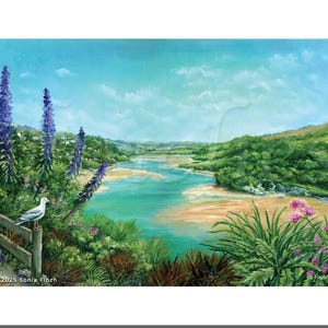 Tarjeta con el sereno estuario del río Gannel. Paisaje marino de la bahía de Crantock, tarjeta con arte de la costa de Cornualles, recuerdo de Cornualles