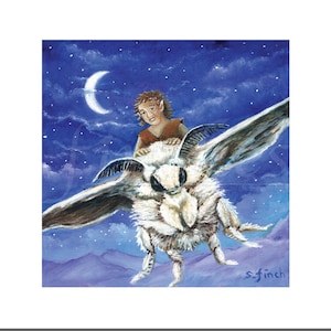 Elf Moth Rider (tarjeta de buena suerte) Arte de fantasía de noche estrellada. Tarjeta de larga distancia, tarjeta de agradecimiento y tarjeta de arte de bebé niño