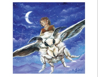 Elf Moth Rider (Good Luck Card) Starry Night Fantasy Art. Long Distance Card, Thank You Card & Baby Boy Art Card