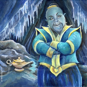 May include: A blue genie with a yellow turban and a gold lamp in a cave with icicles hanging from the ceiling.