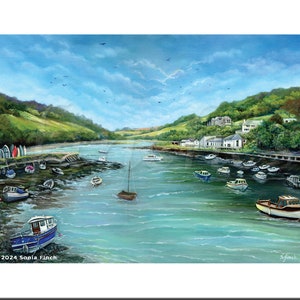 Estuario del Looe. Cornovaglia Pittura del villaggio di pescatori. Biglietto di ringraziamento con pittura di paesaggi marini, biglietto di guarigione o biglietto di amicizia con arte in barca da pesca