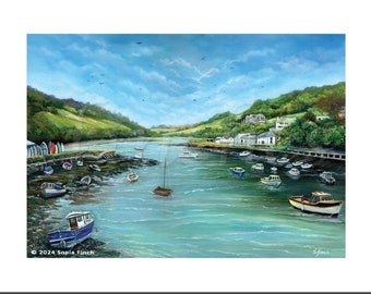 Looe Estuary. Cornwall Painting of Fishing Village. Seascape Painting Thank You Card, Get Well Card or Fishing Boat Art Friendship Card