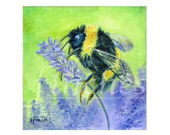 Spirit of Bee (Greeting/Thank You Card) Bumble Bee Art & Lavender Painting. Insect Illustration Missing You Card or Get Well Soon Card