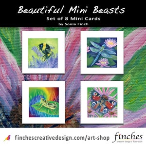 Mini Beast Nature Spirit Mini Card Set x 8. Carine carte vuote per insetti. Biglietti di ringraziamento. Biglietti di amicizia. Libellula, farfalla, cavalletta, ape.