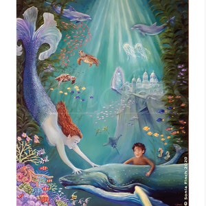 Au-delà du récif vers l'Atlantide (carte de voeux et remerciement) Peinture à l'huile de sirène, art de poisson de récif de corail et peinture de tortue. Carte Dauphin