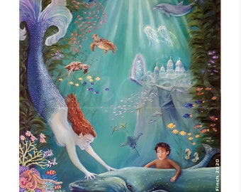 Beyond The Reef To Atlantis (Greeting & Thank You Card) Mermaid Oil Painting, Coral Reef Fish Art and Turtle Painting. Dolphin Card