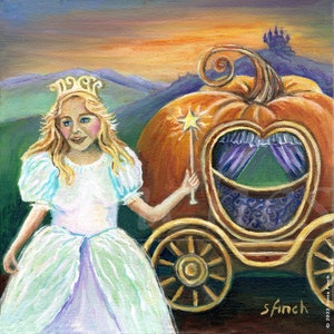May include: A young girl in a white dress and a gold crown stands next to a pumpkin carriage. The carriage has a gold frame and wheels, and a purple and gold interior. The girl is holding a wand with a star on top.