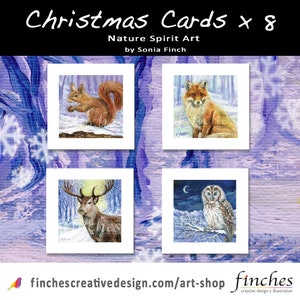 Jeu de 8 cartes de Noël esprit nature. Cartes spirituelles d'art animalier et de remerciements - Renard hibou Écureuil Cerf