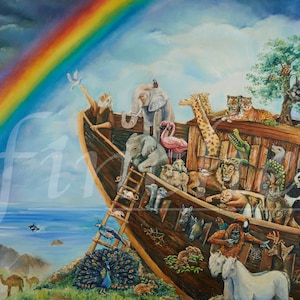 Arca de Noé (cartões cristãos). Linda pintura de história bíblica, cartão de agradecimento e cartão de chá de bebê. Pinturas Espirituais