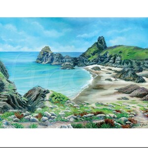 Pintura de paisaje marino de Kynance Cove, Cornwall: tarjeta de felicitación versátil para diversas ocasiones