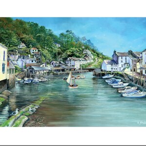 Polperro Hafen. Cornwall Gemälde von Fischerdorf. Gruß- & Geburtstagskarte, Dankeskarte, Gute Besserung oder Freundschaftskarte