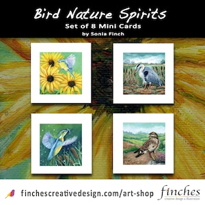 Puede incluir: Conjunto de 8 tarjetas mini con pinturas de acuarela de pájaros en la naturaleza. Las tarjetas se titulan "Bird Nature Spirits" y son de Sonia Finch. Las tarjetas son perfectas para los amantes de la naturaleza y los observadores de aves.