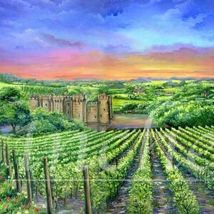 Pintura de viñedos con castillo de Bodiam (tarjeta de felicitación/agradecimiento) Arte rural. Tarjeta de aniversario de padres y recuperación pronto. Tarjeta de Sussex del Este