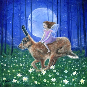 Fata della lepre della luna primaverile - Biglietto di ringraziamento artistico stravagante. Biglietto di amicizia Fantasy Art, biglietto di compleanno fatato e biglietto per baby shower