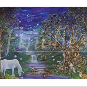 Fairy Tree (Carte de salutation et de remerciement) Fantasy Art Forest Animals in a Fairy Woodland avec une licorne magique